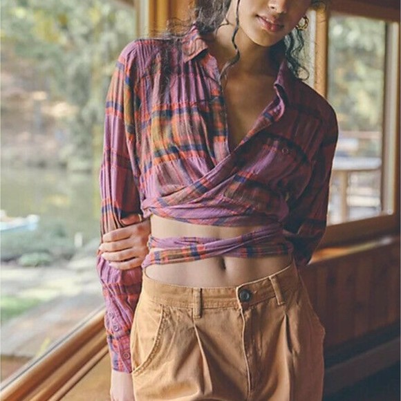 Free People Tops - Free People One Way Plaid Wrap Shirt XL